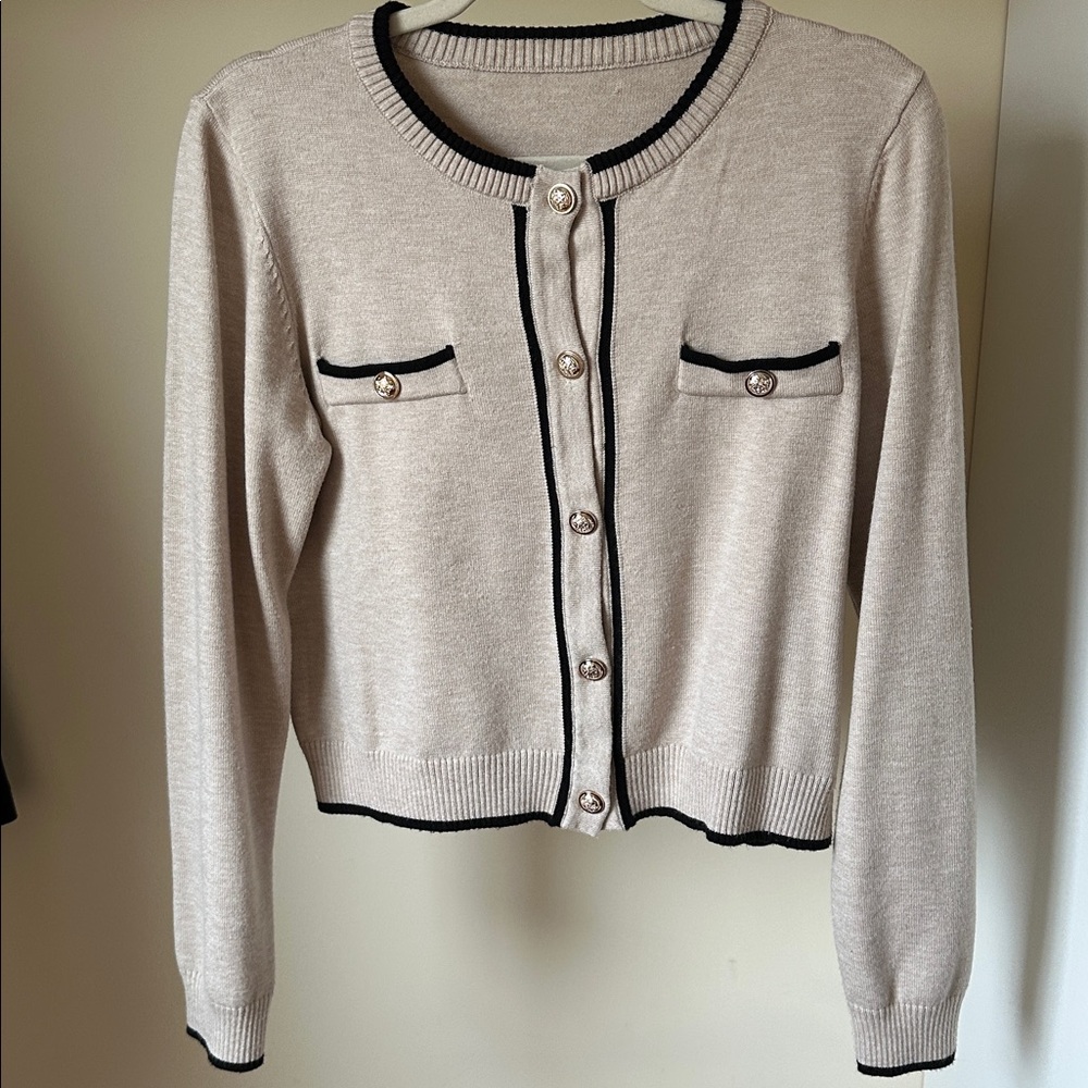 Light Gray Crewneck Cardigan with Black Trim